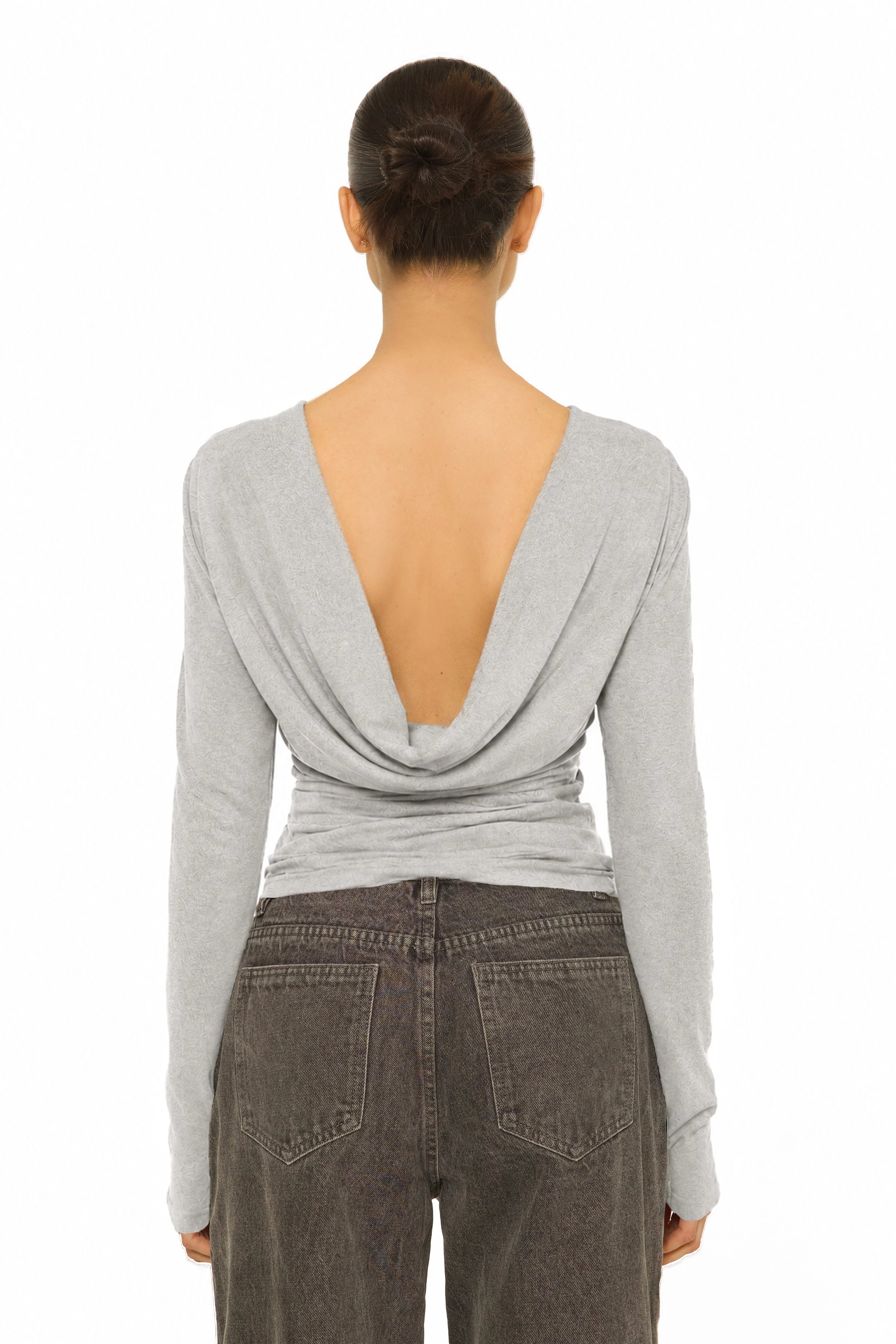Long Sleeve Open Back Top Grey